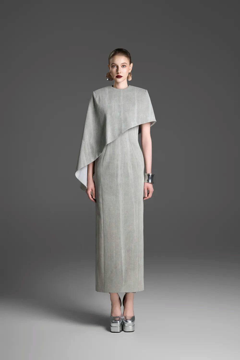 Diagonal Fallen Cape & Sided Stone Chains Straight Dress